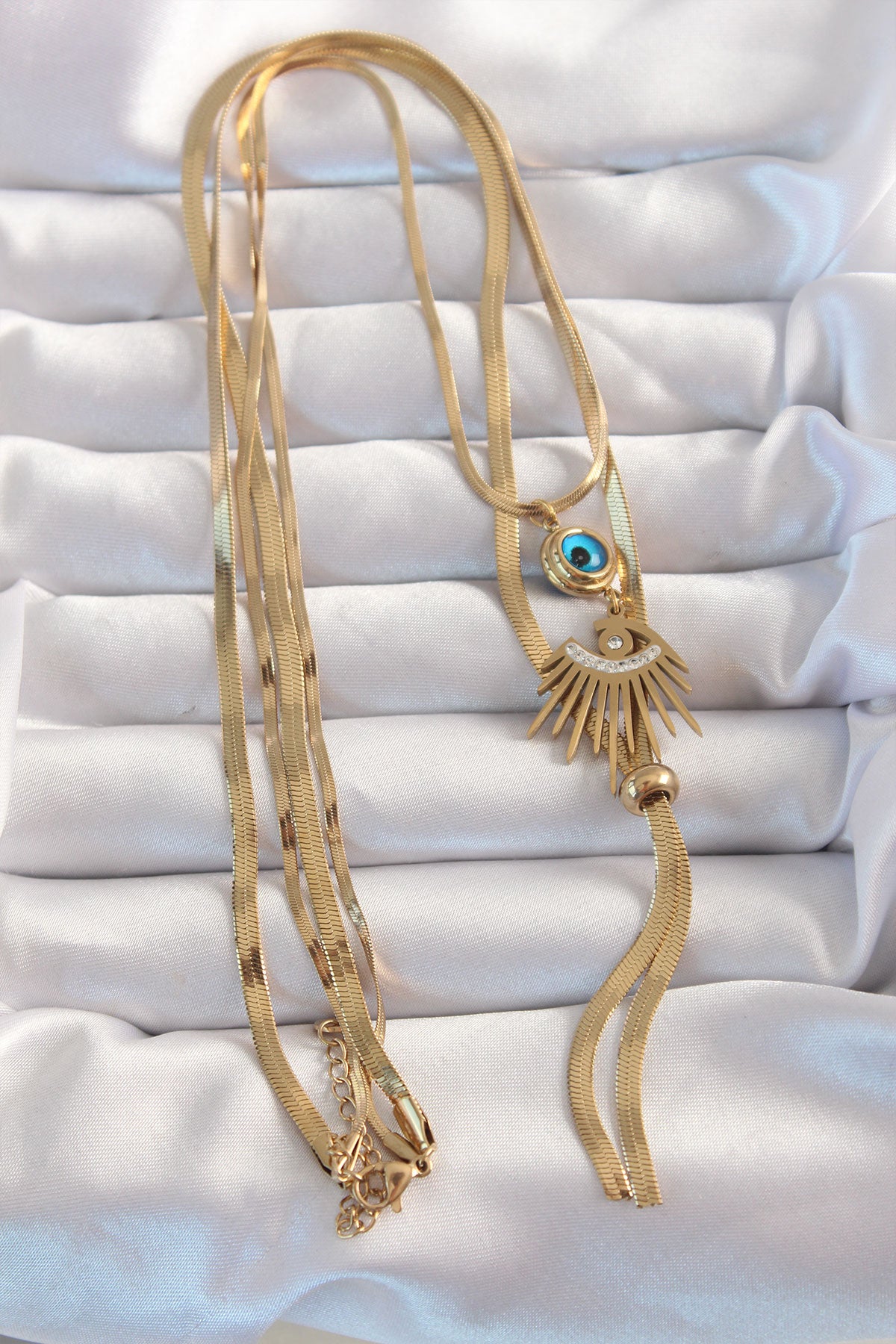 316L Steel Gold Color Zircon Stone Eye Detail Evil Eye Long Elevator Model Necklace
