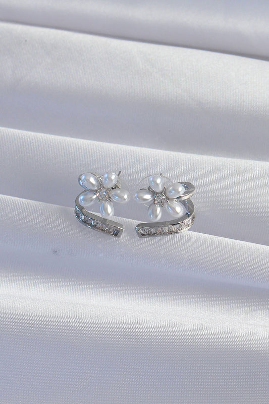 Brass Silver Color Zircon Stone Twisted Pearl Flower Earrings