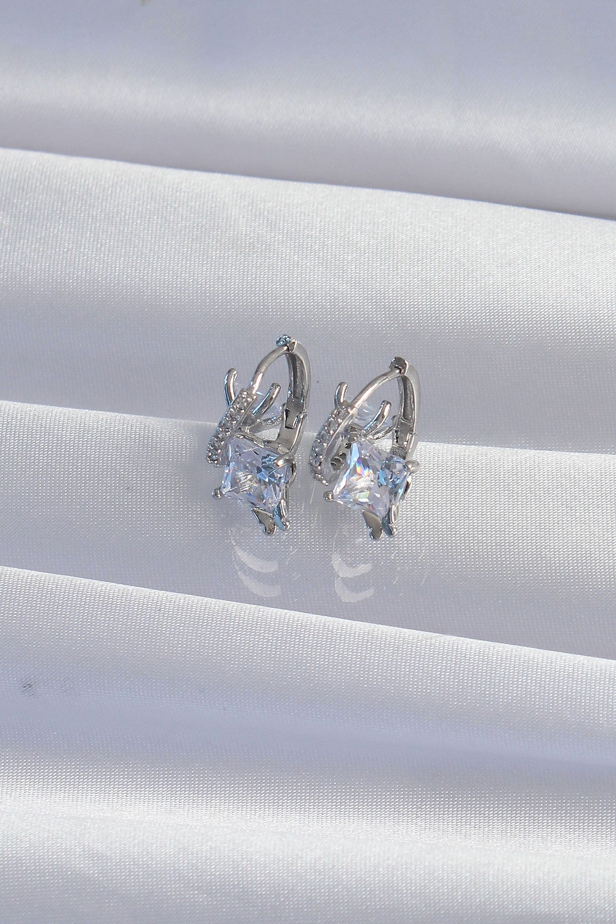 Brass Silver Color Large Zircon Stone Curved Minimal Butterfly Hoop Earrings