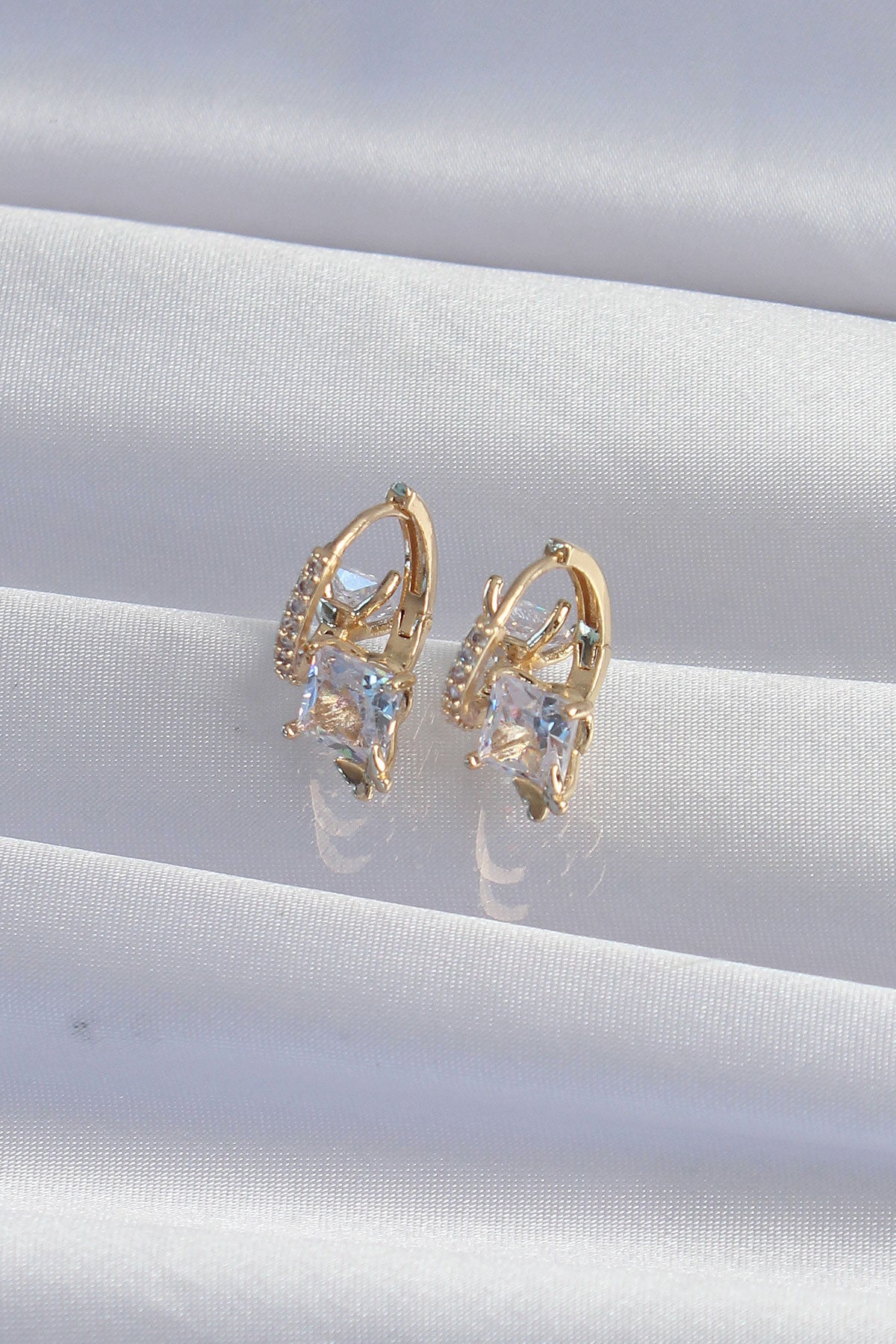 Brass Gold Color Large Zircon Stone Curved Minimal Butterfly Hoop Earrings