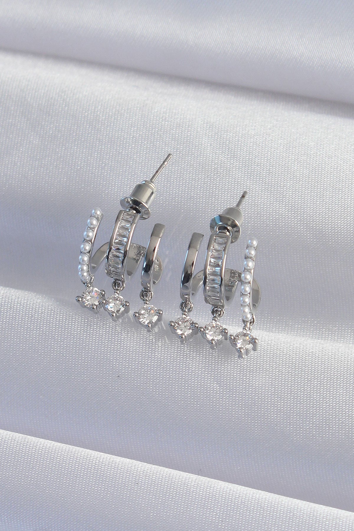 Brass Silver Color Pearl Multi Zircon Stone Half Hoop Earrings