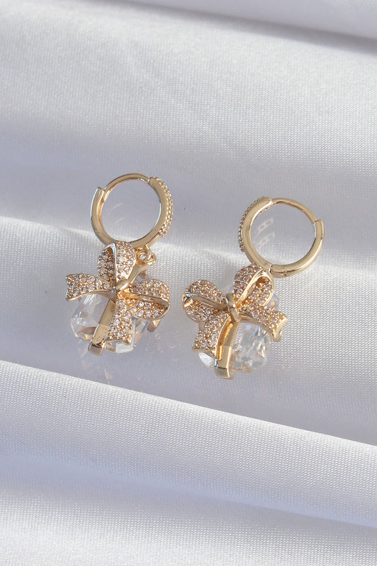 Brass Gold Color Large Zircon Stone Bow Model Hoop Earrings