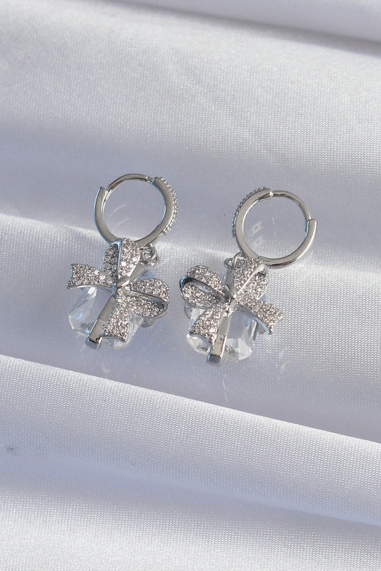 Brass Silver Color Large Zircon Stone Bow Model Hoop Earrings