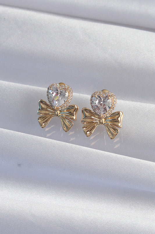 Brass Gold Color Zircon Stone Heart Model Bow Earring
