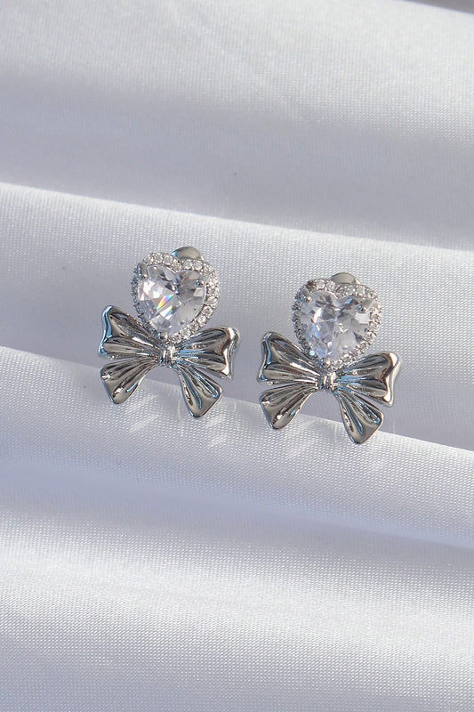 Brass Silver Color Zircon Stone Heart Model Bow Earring