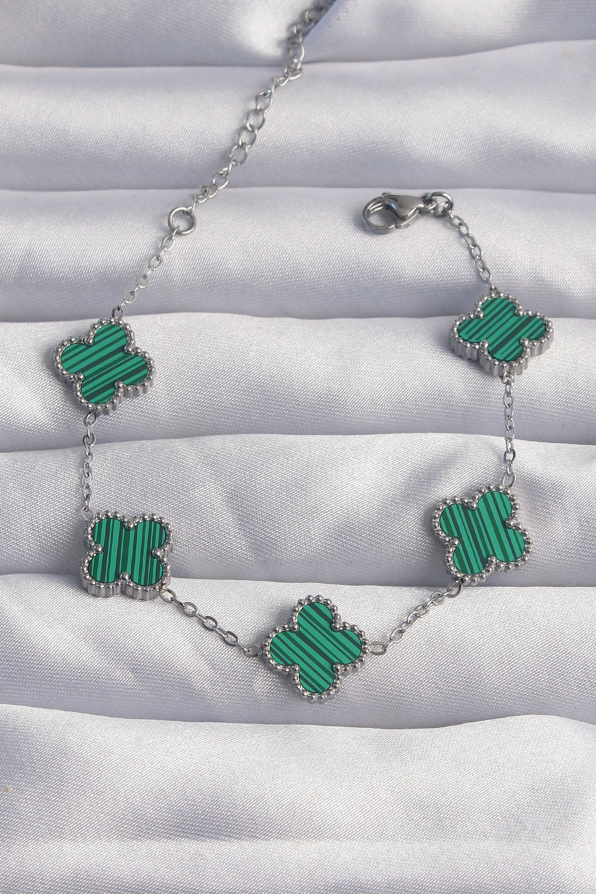 316L Steel Silver Color Striped Green Enamel Clover Bracelet