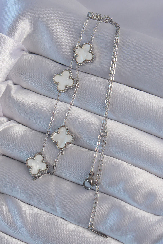 316L Steel Silver Color White Mother-of-Pearl Clover Necklace