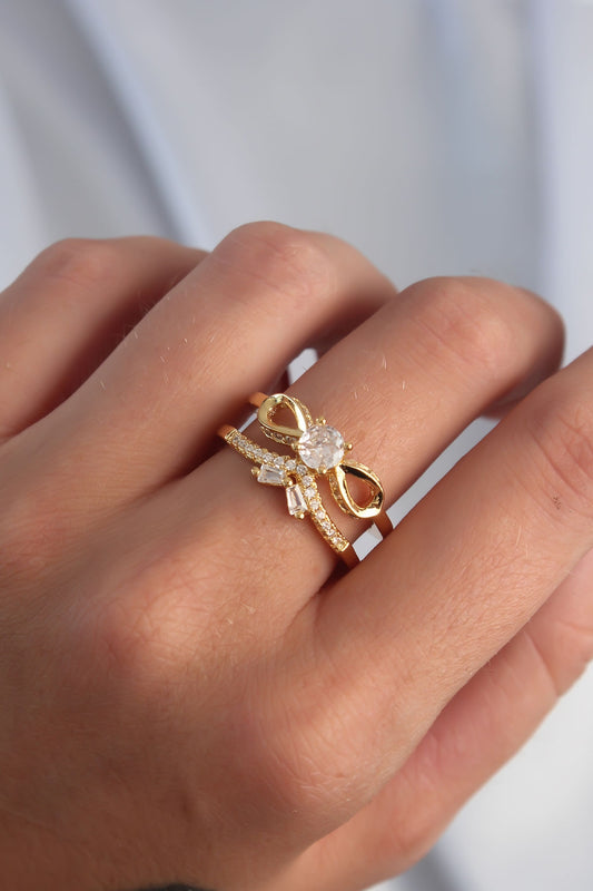 Brass Adjusted Gold Color Zircon Stone 2-Piece Bow Ring