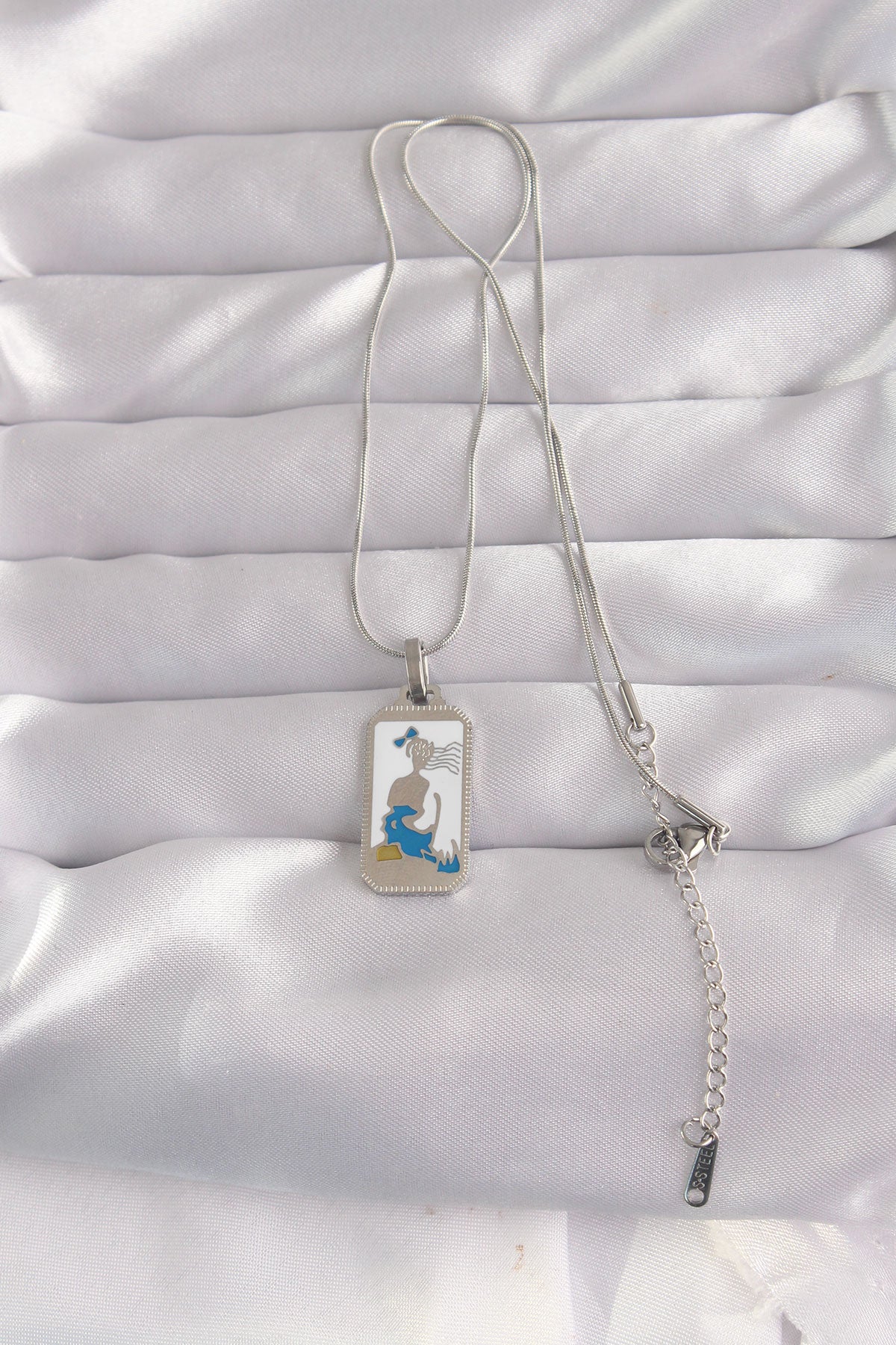 316L Steel Silver Color White Enamel Girl Figure Tarot Necklace