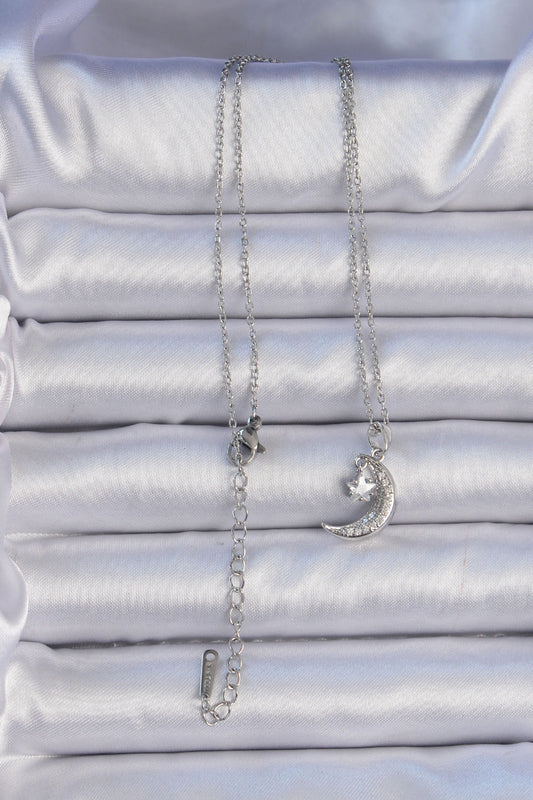 316L Steel Chain Silver Color Zircon Stone Pendant Crescent Star Necklace