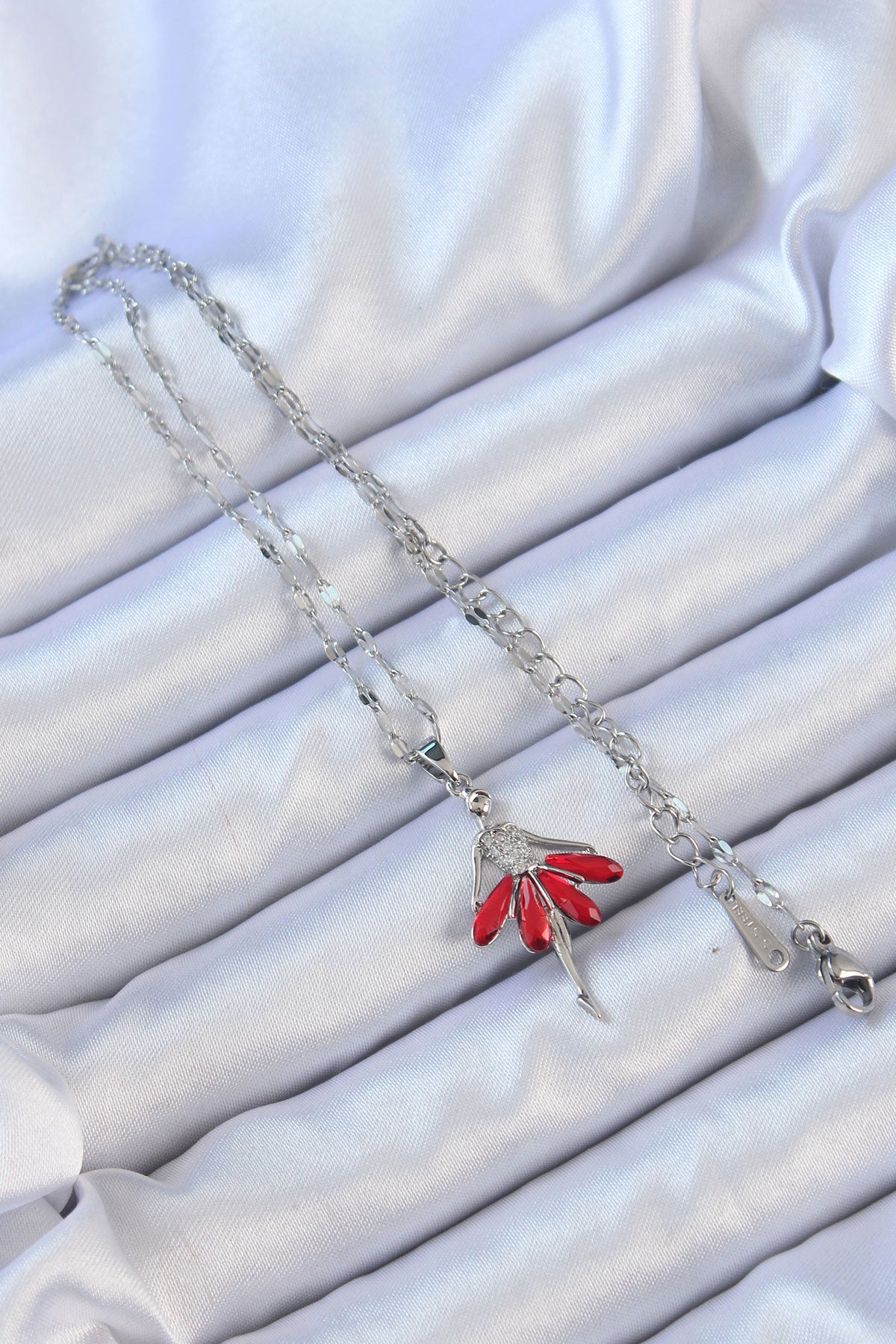 316L Steel Chain Silver Color Red Skirt Zircon Stone Ballerina Necklace