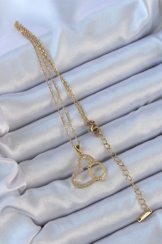 316L Steel Chain Gold Color Zircon Stone Ring Heart Necklace