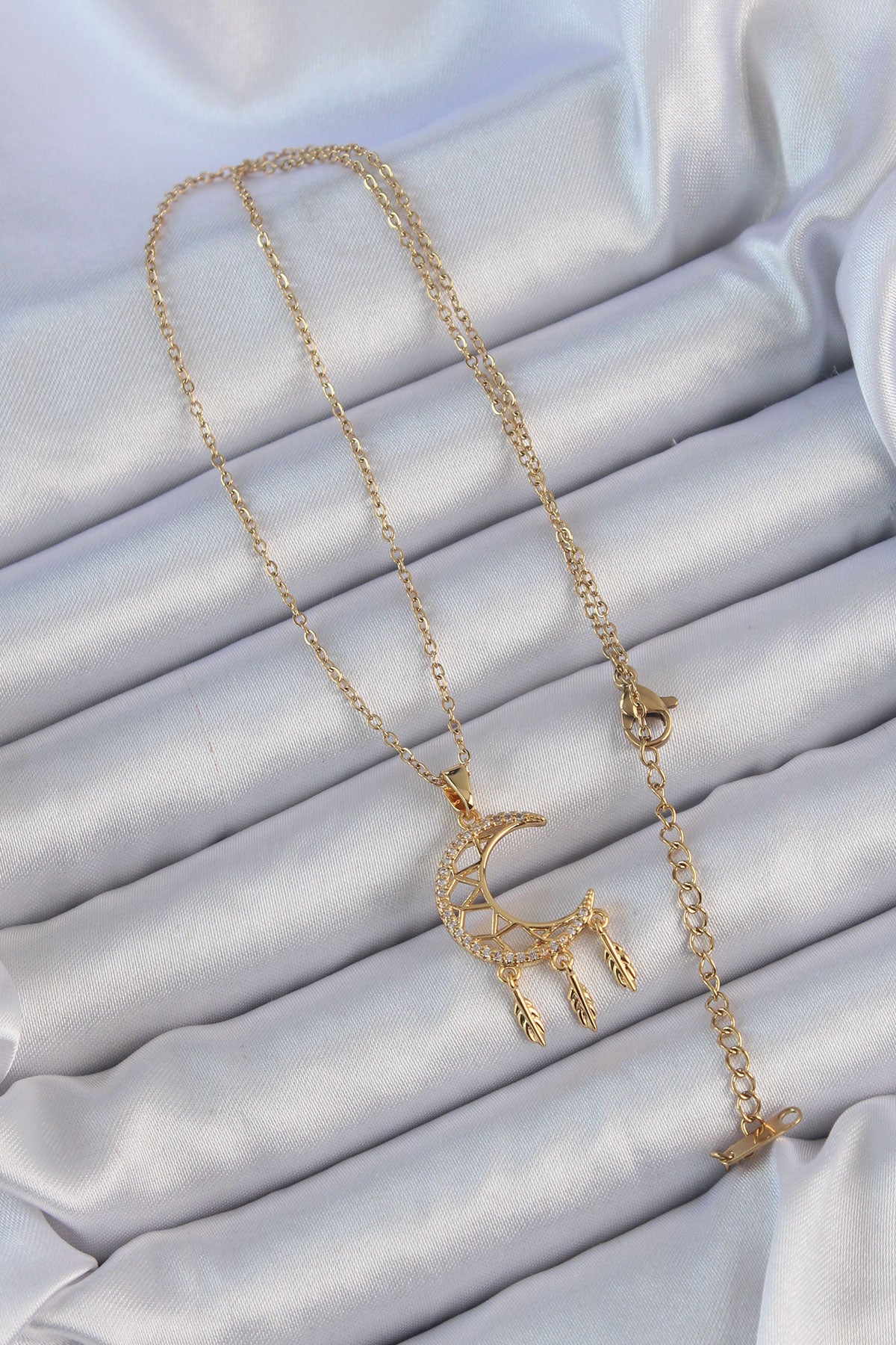 316L Steel Chain Gold Color Embroidered Zircon Stone Moon Necklace