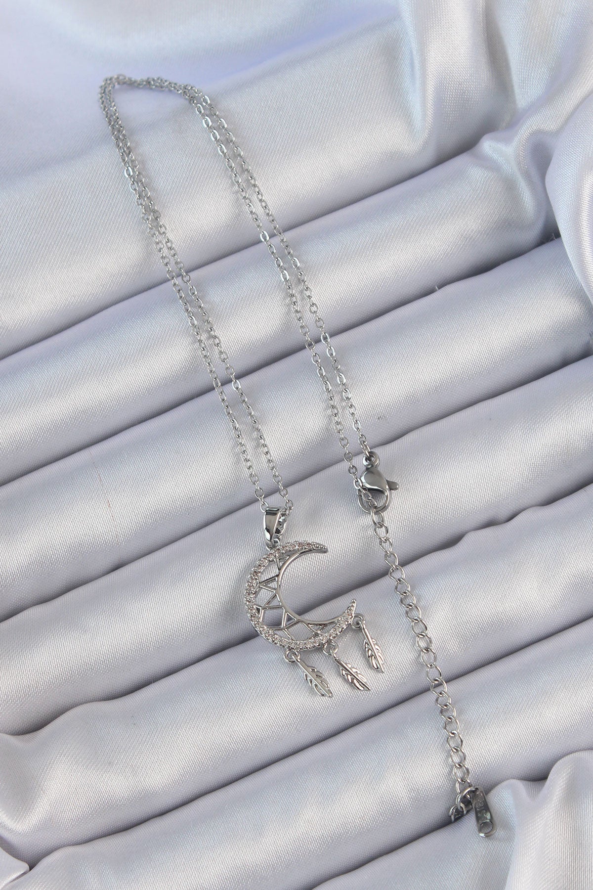 316L Steel Chain Silver Color Embroidered Zircon Stone Moon Necklace