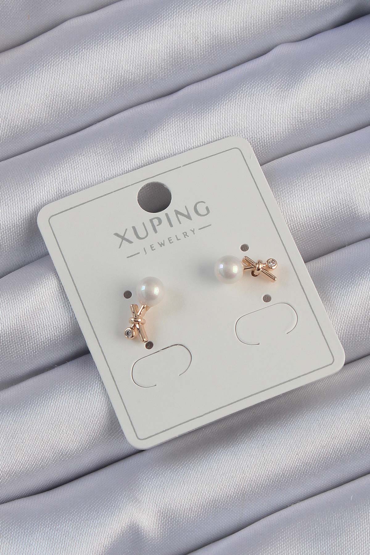 Xuping Rose Color Zircon Stone and Pearl Minimal Bow Earrings