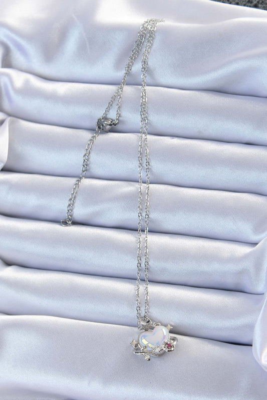 316L Steel Chain Silver Color Zircon Stone Planet-Looking Heart Necklace