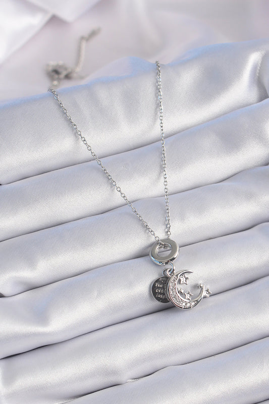316L Steel Silver Color Zircon Stone Moon Star Figure Charm Model Women's Necklace