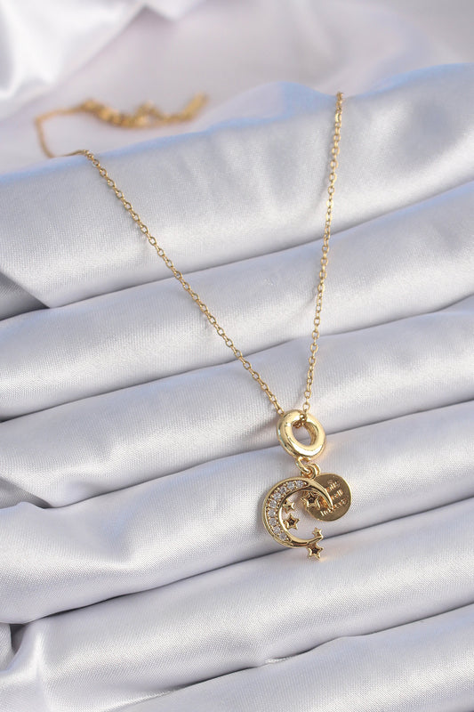316L Steel Gold Color Zircon Stone Crescent Star Model Charm Model Women's Necklace