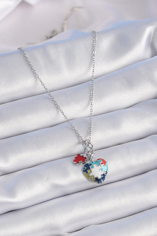 316L Steel Silver Color Puzzle Motif Heart Figure Charm Model Women's Necklace