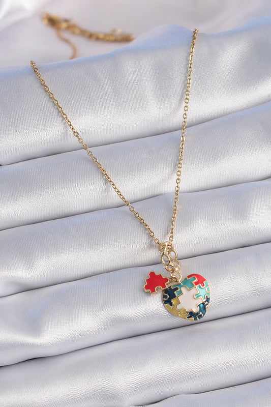 316L Steel Gold Color Puzzle Motif Heart Figure Charm Model Women's Necklace