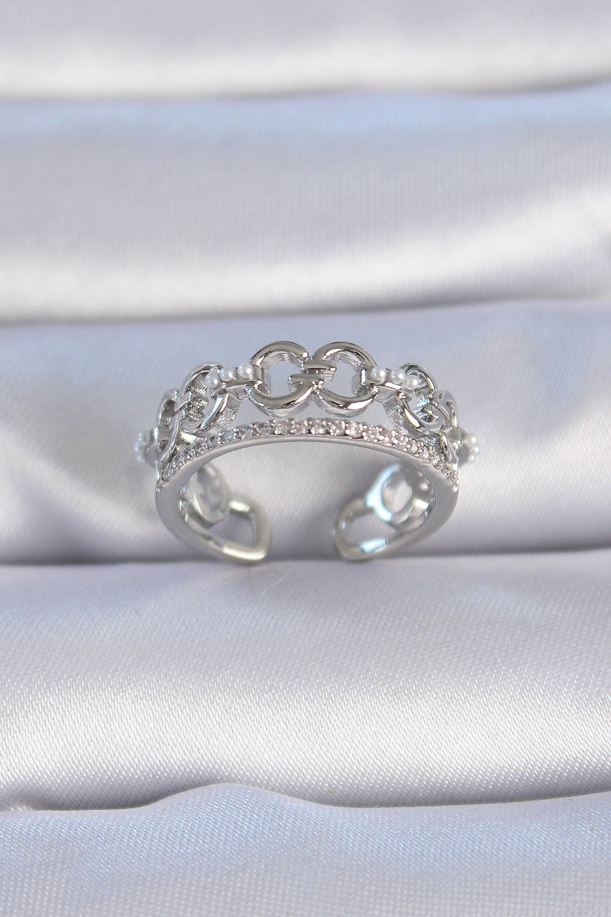 Brass Silver Color Zircon Stone Pearl Detail Women's Ring