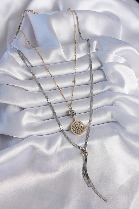 316L Steel Mix Color Sprout Figure Evil Eye Bead Detail Long Women's Necklace