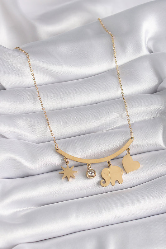 316L Steel Gold Color Elephant Figure Zircon Stone Detail Women's Necklace