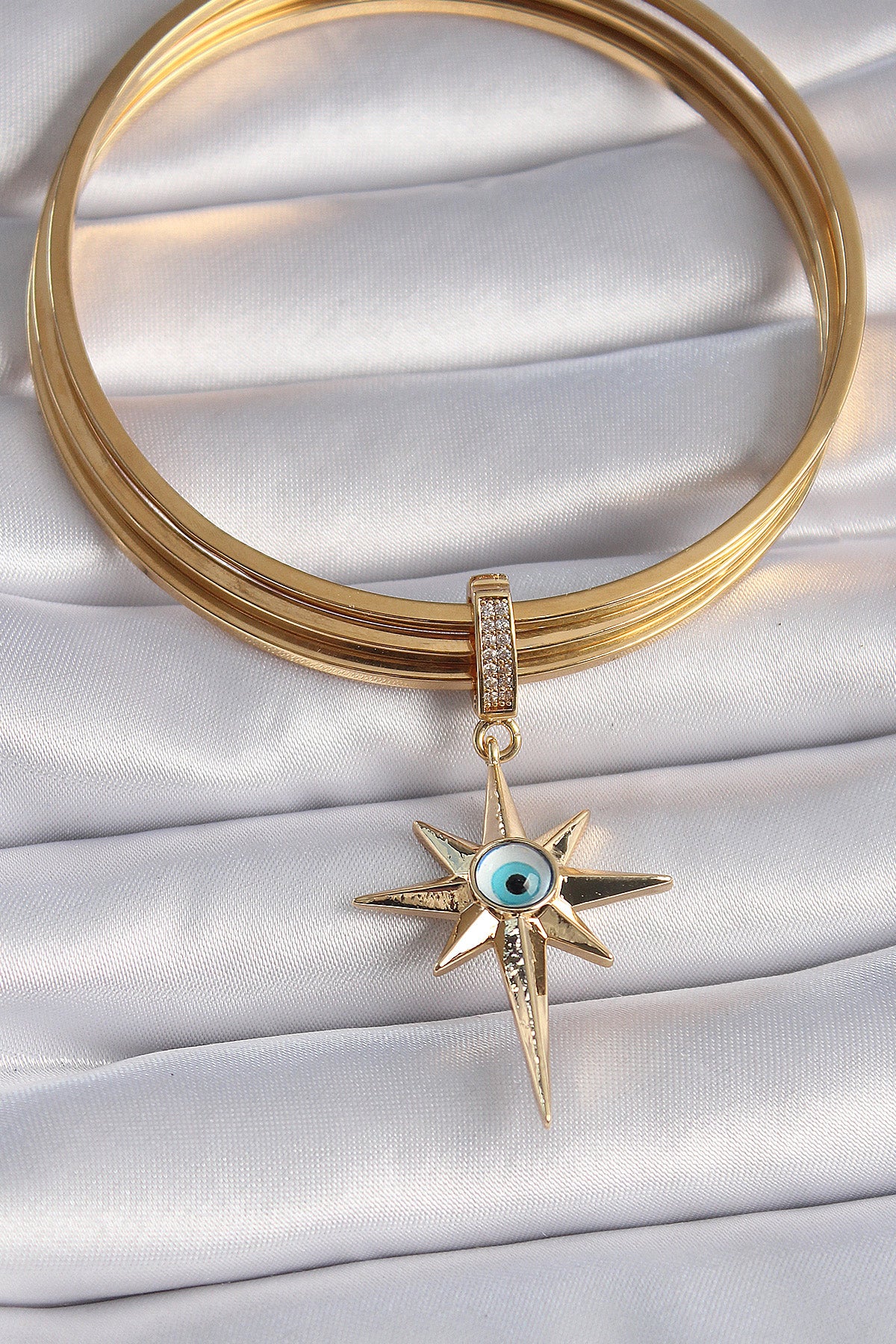 Brass Gold Color Zircon Stone Polar Star Evil Eye Bead Detail Ajda Charm