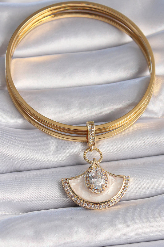 Brass Gold Color Zircon Stone Detailed White Enamel Ajda Charm