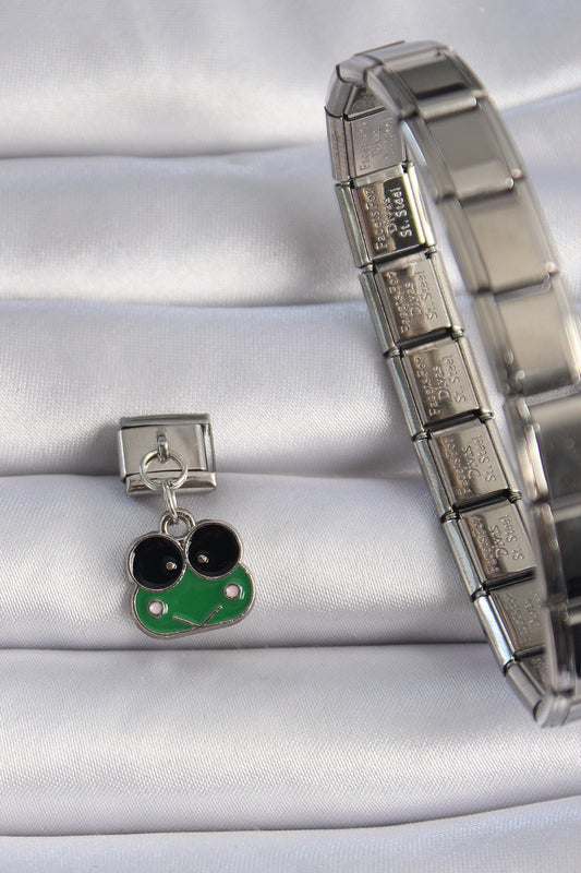 316L Steel Silver Color Dangle Green Frog Figure Nomination Charm
