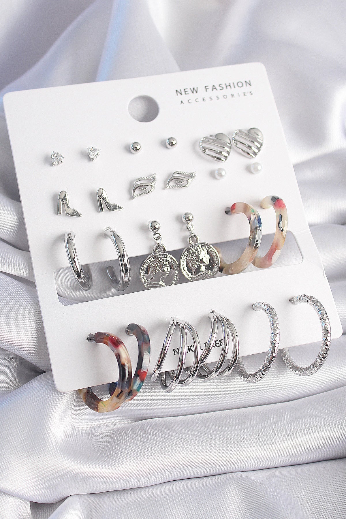 12 Pairs of Women's Earrings with Brass Silver Color Zircon Stone Detail