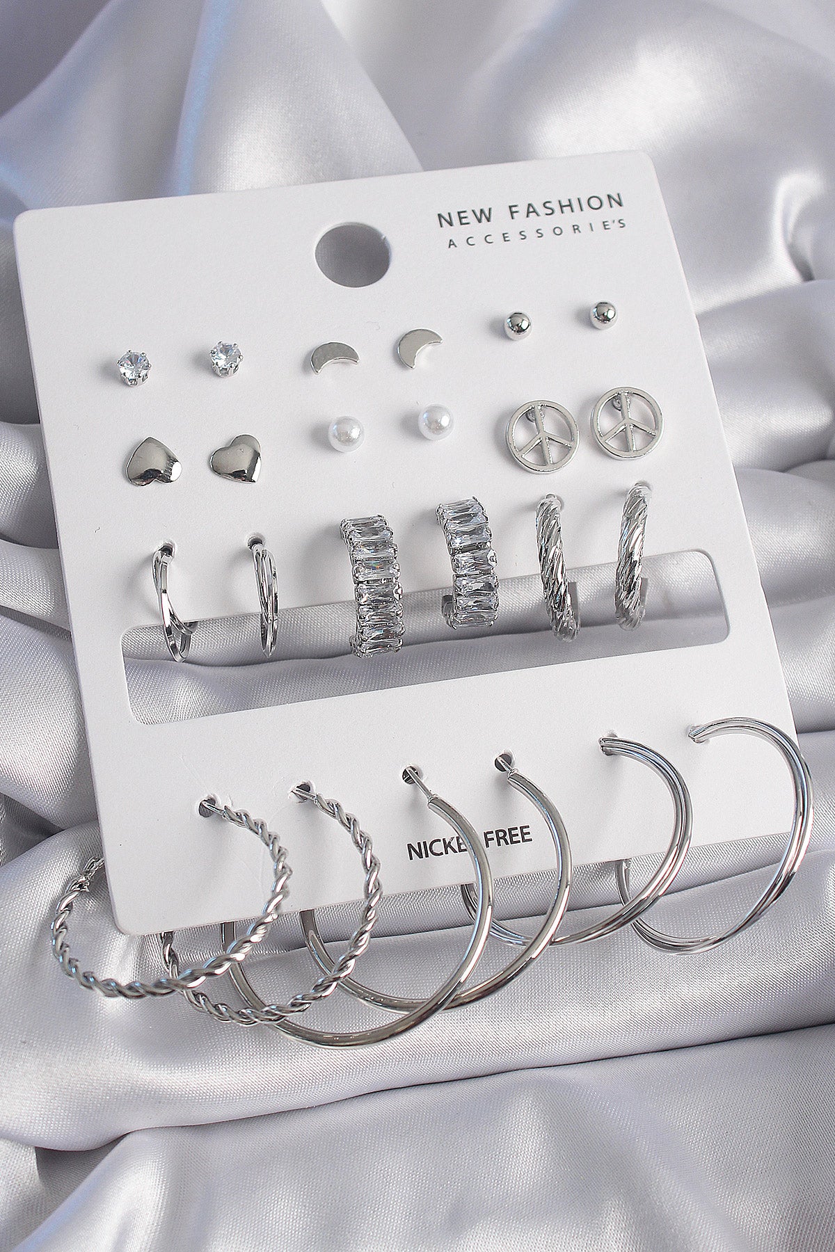 Brass Silver Color Zircon Stone 12 Pairs Women's Earring Set