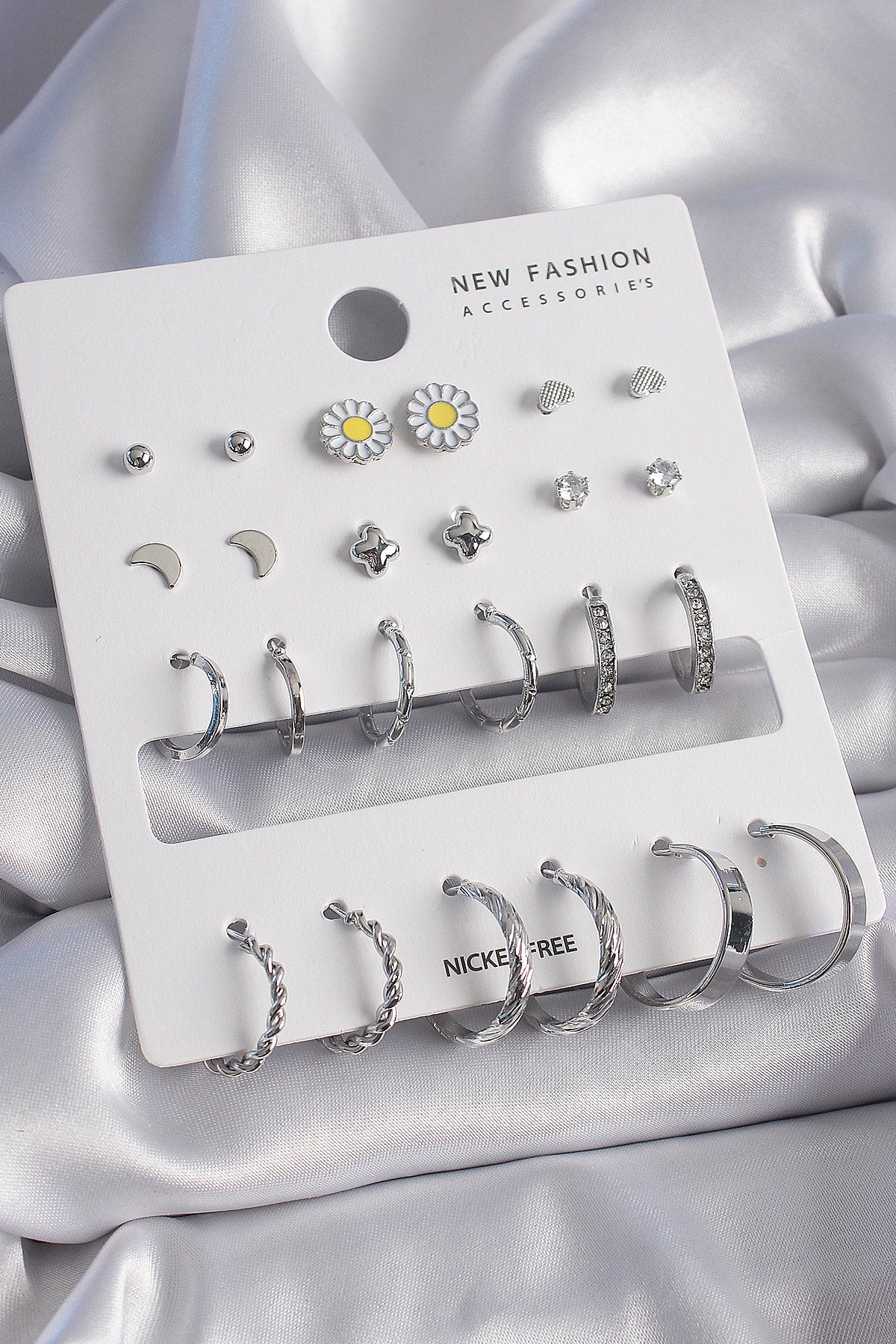 Brass Silver Color Daisy Detailed 12 Pair Women's Earring Set