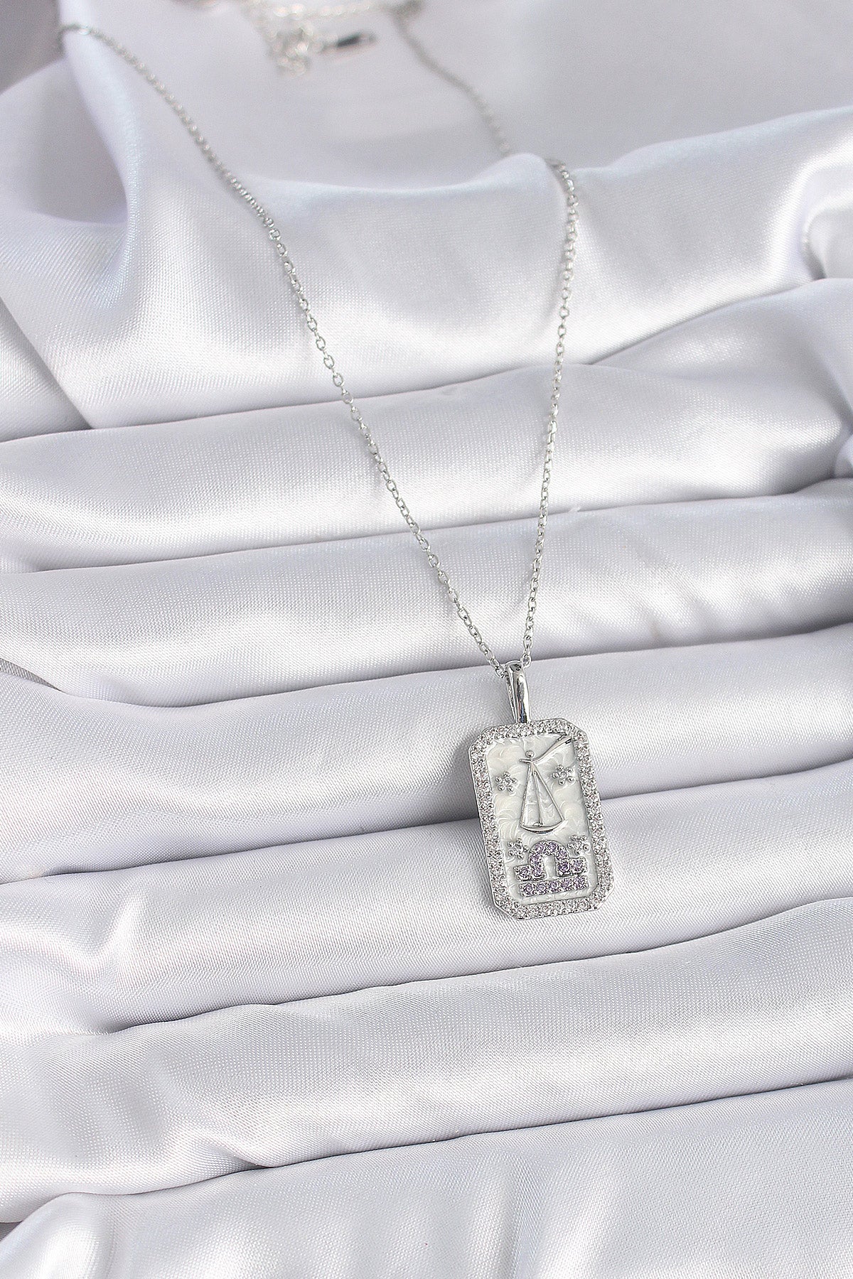 316L Steel Silver Color Libra Zodiac Sign Zircon Stone Women's Necklace