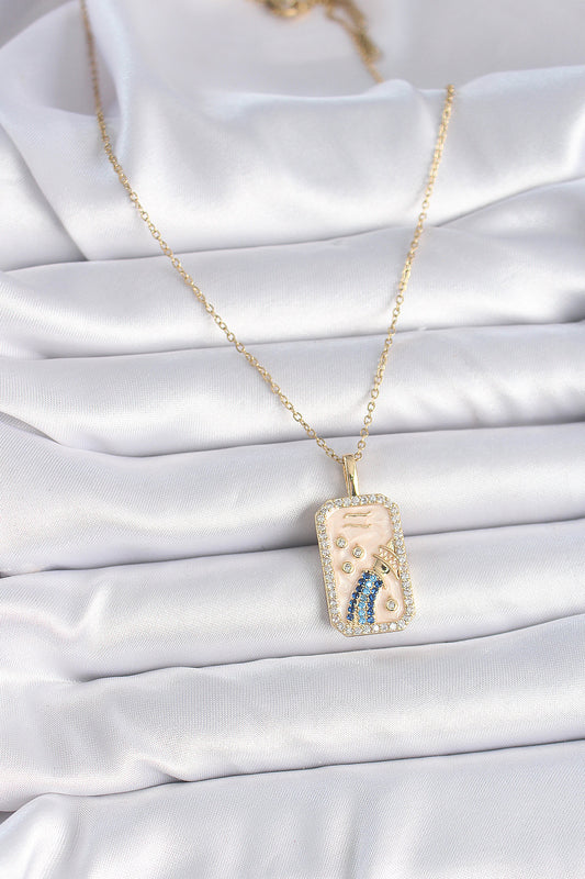 316L Steel Gold Color Chain Aquarius Zodiac Sign Zircon Stone Women's Necklace
