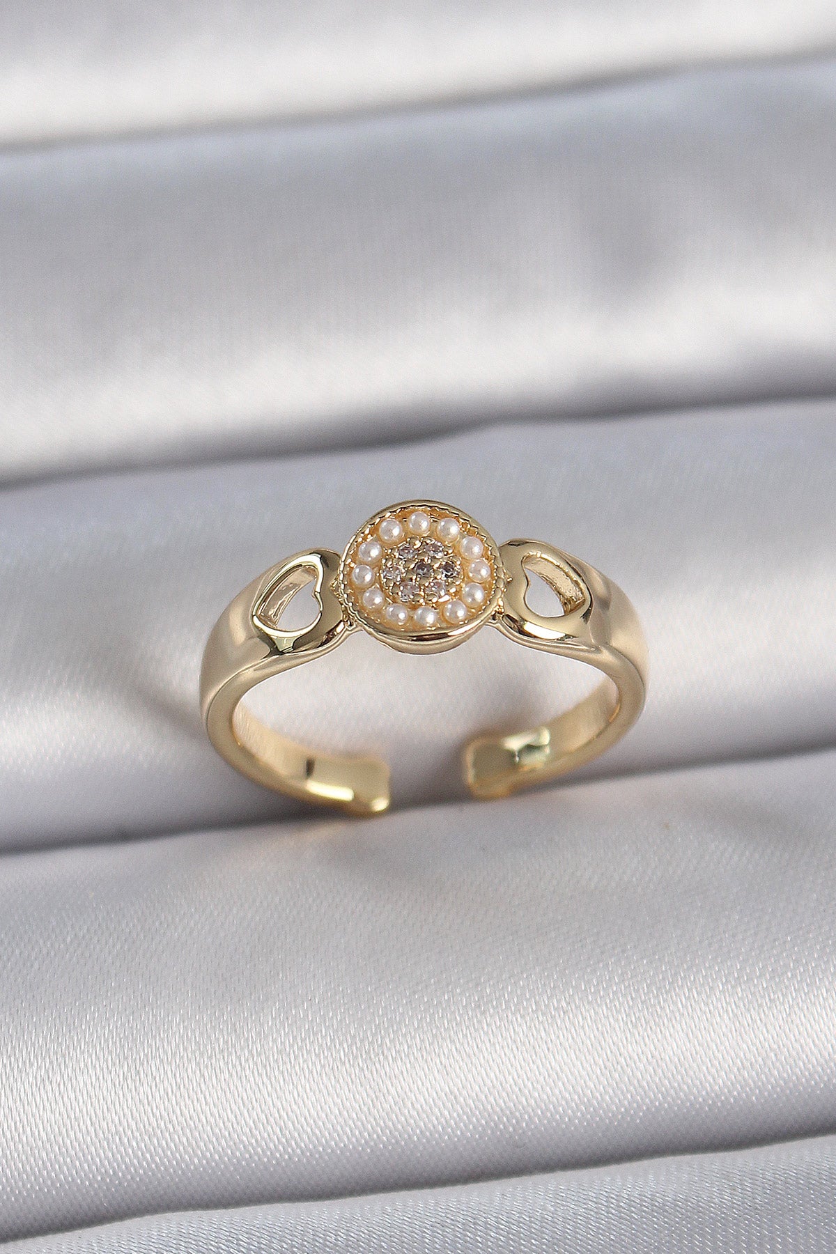 Brass Gold Color Zircon Stone Pearl Heart Embroidery Detail Adjustable Women's Ring