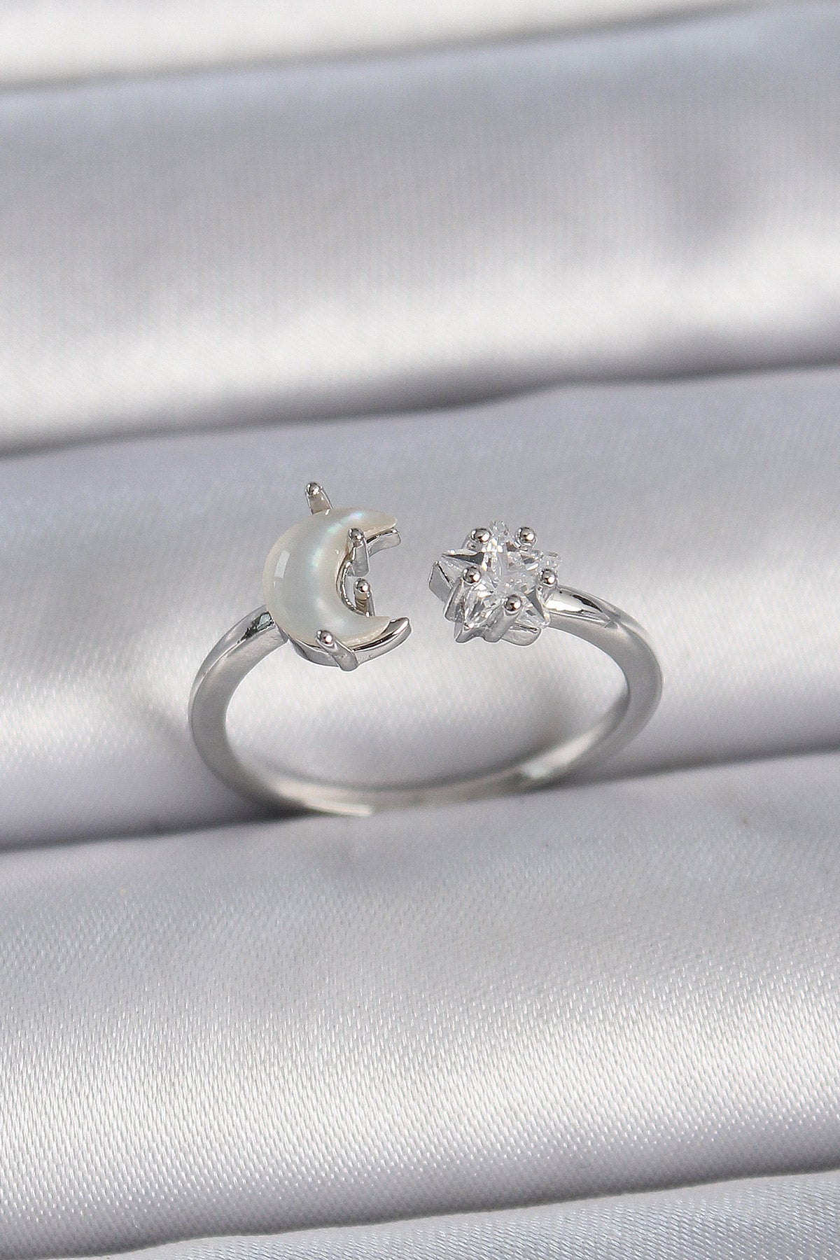 Brass Silver Color Pearl Crescent Zircon Stone Star Adjustable Women's Ring