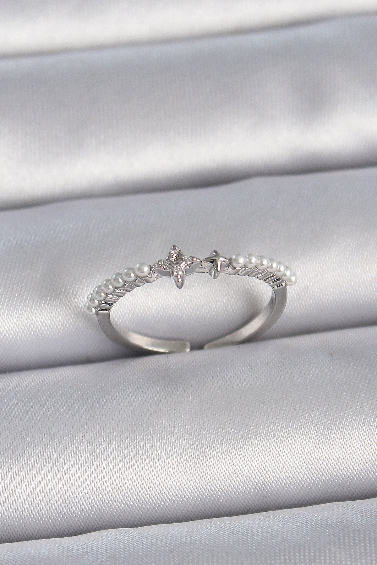 Brass Silver Color Zircon Stone Row Pearl Adjustable Model Women's Ring