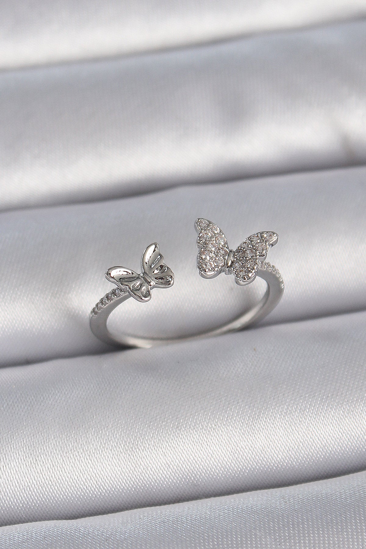 Brass Silver Color Adjustable Zircon Stone Butterfly Model Women's Ring