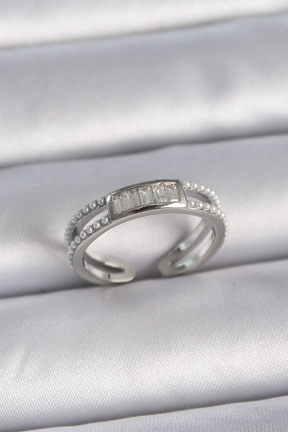 Brass Silver Color Adjustable Row Pearl Zircon Stone Women's Ring