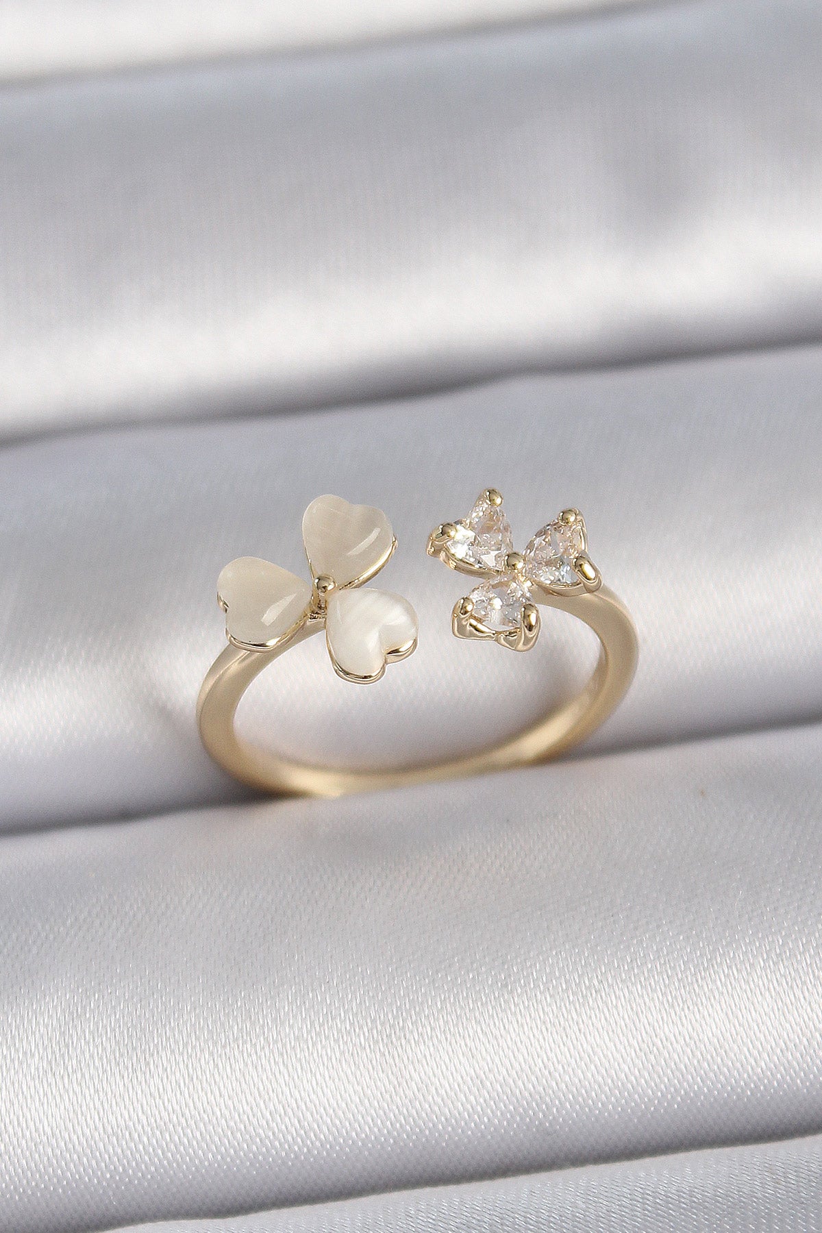 Brass Gold Color Adjustable Zircon Stone Heart White Enamel Model Women's Ring