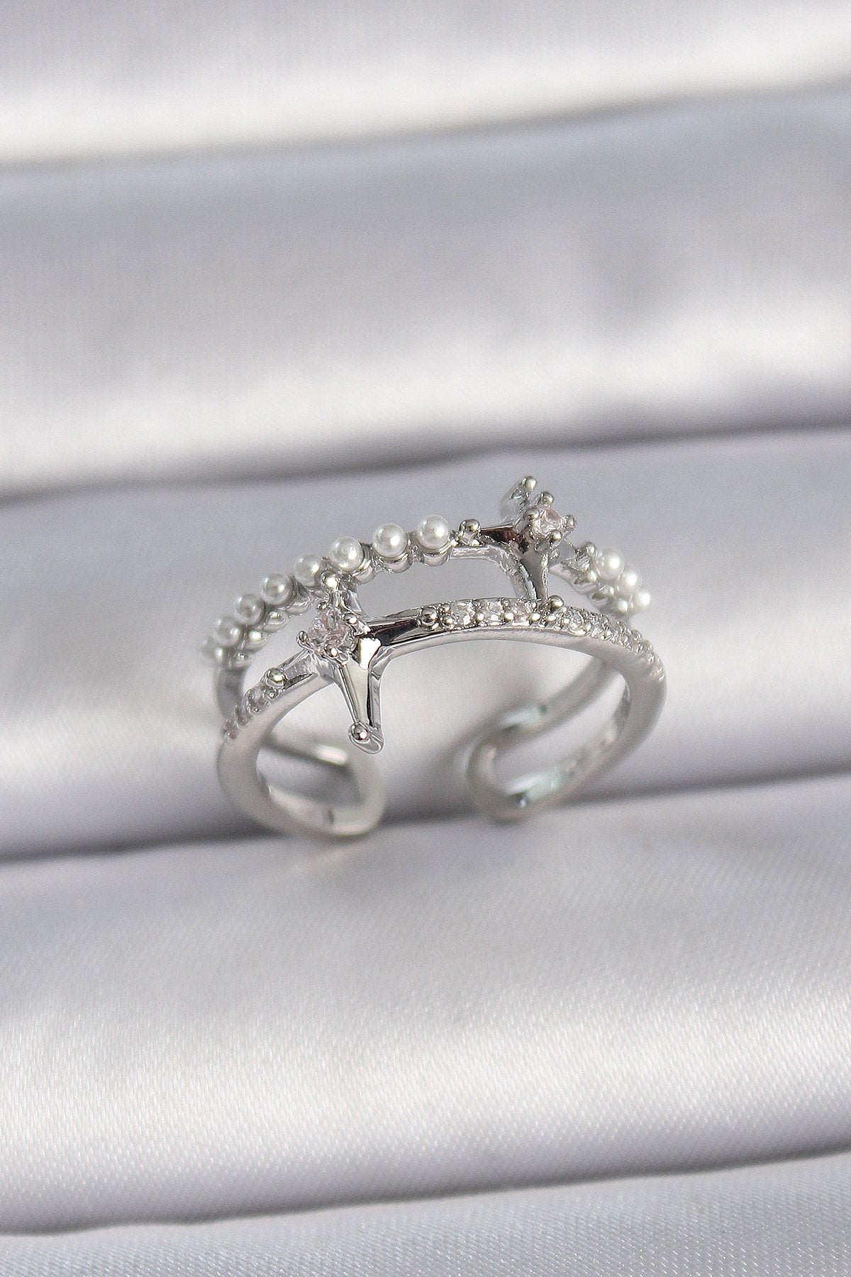 Brass Silver Color Adjustable Zircon Stone Pole Star Pearl Detail Women's Ring