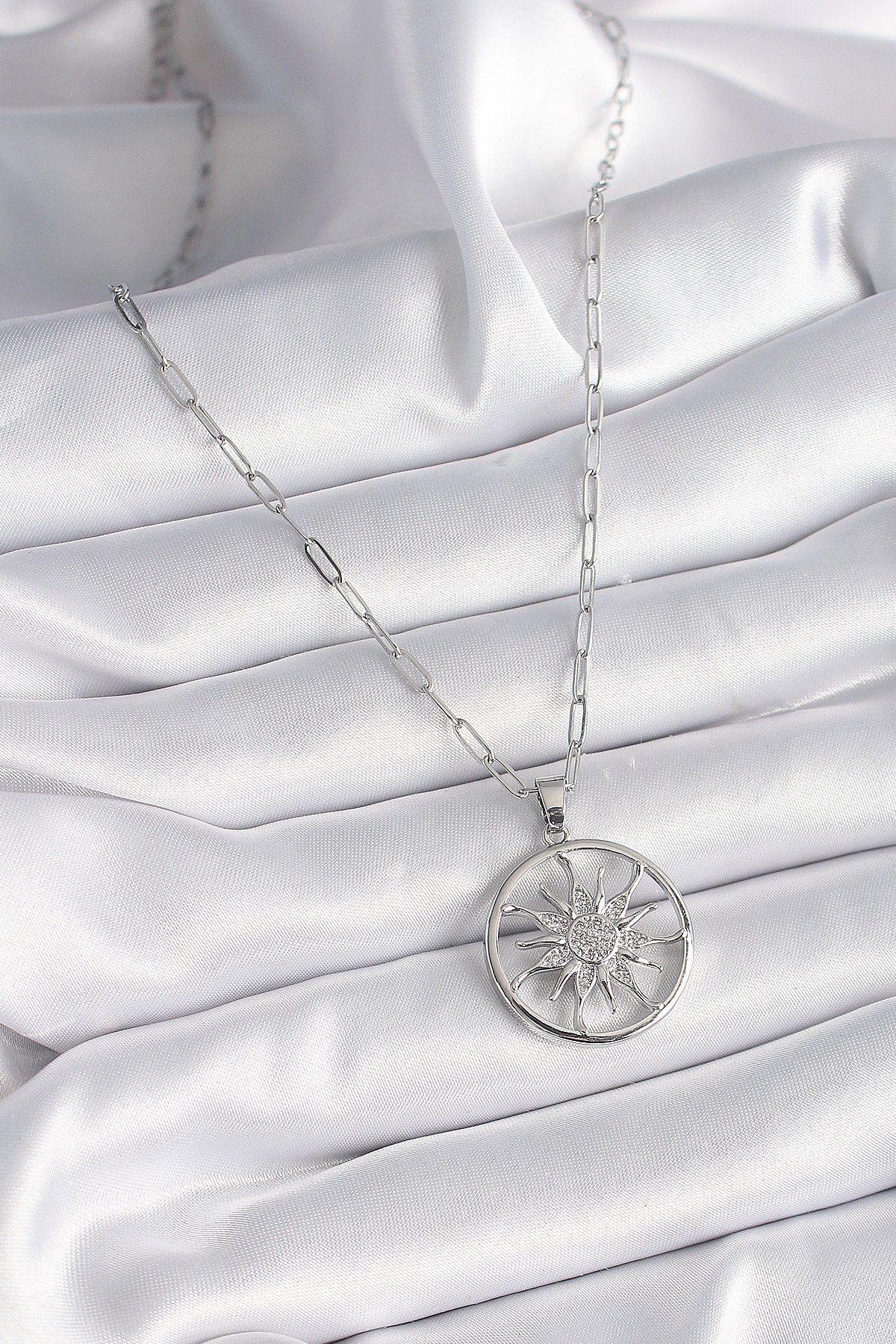 316L Steel Silver Color Zircon Stone Sun Medallion Model Women's Necklace