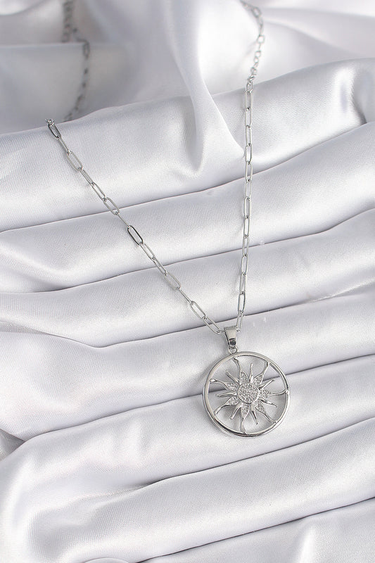 316L Steel Silver Color Zircon Stone Sun Medallion Model Women's Necklace