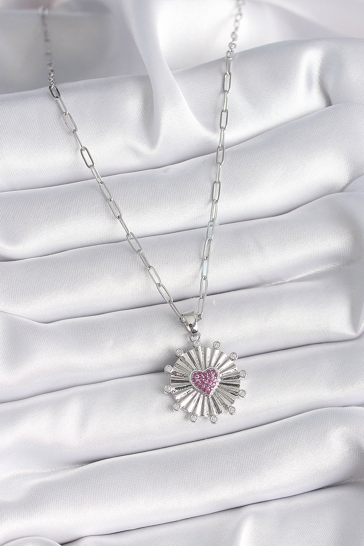 316L Steel Silver Color Pink Zircon Stone Heart Engraved Medallion Model Women's Necklace