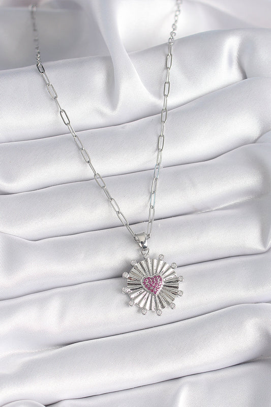 316L Steel Silver Color Pink Zircon Stone Heart Engraved Medallion Model Women's Necklace