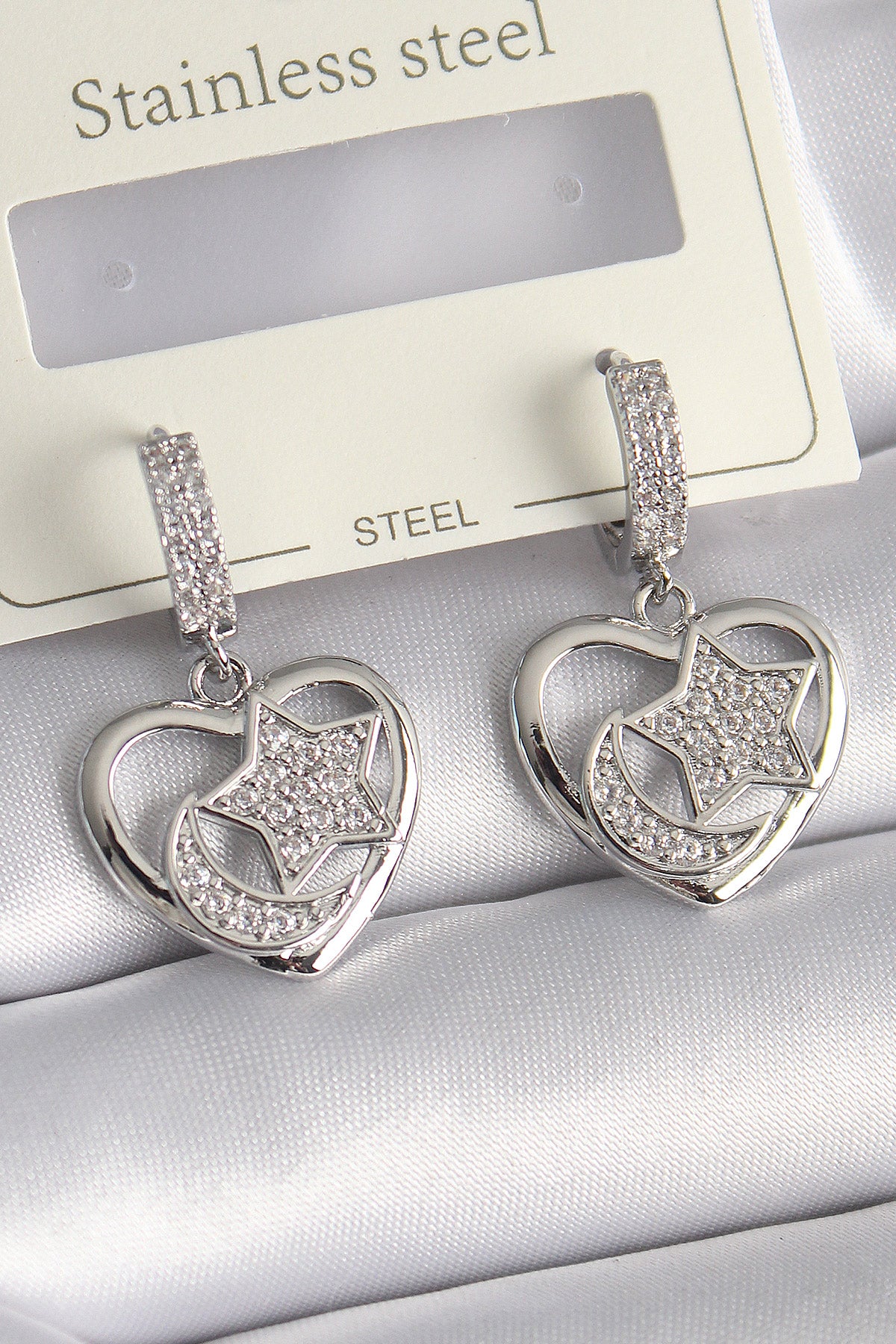 Brass Silver Color Heart Model Zircon Stone Moon Star Embroidered Women's Earrings