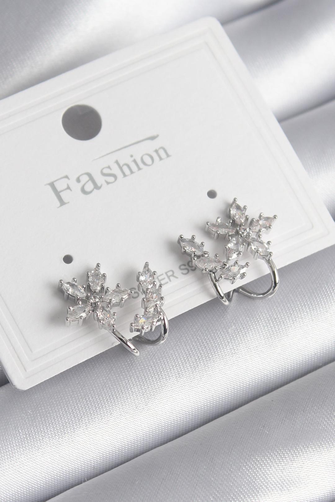 Brass Silver Color Zircon Stone Flower Model Women's Earrings