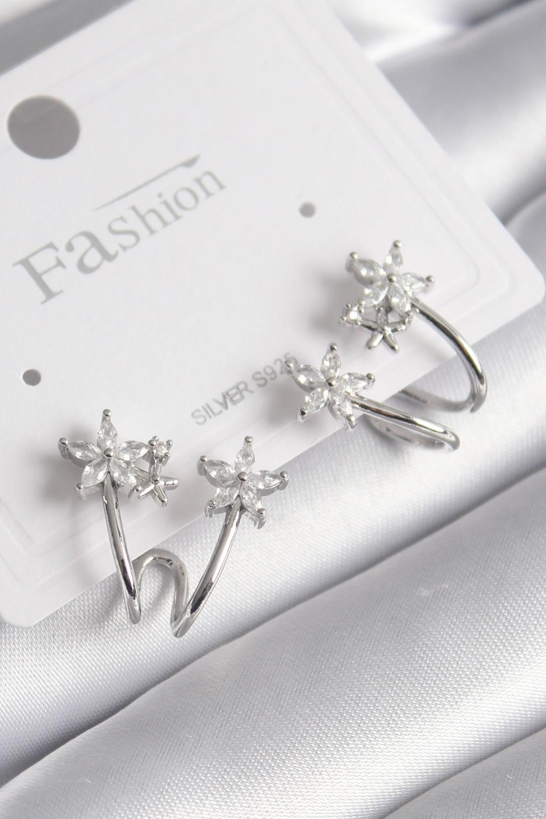 Brass Silver Color Zircon Stone Flower Model Women's Earrings