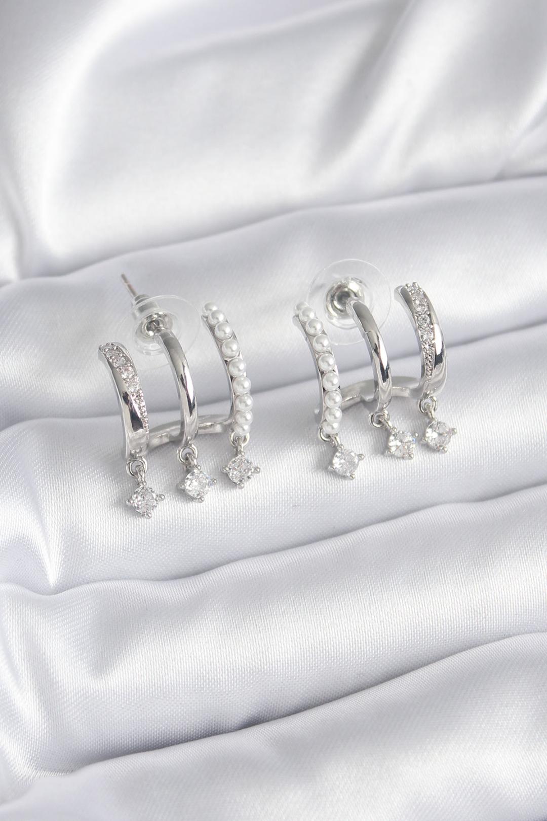 Brass Silver Color Zircon Stone Detail Pearl Women's Earrings